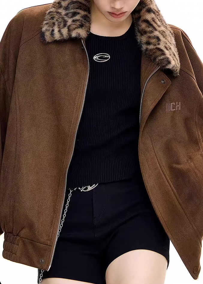 Leopard Patchwork Faux Suede Lapel Jacket