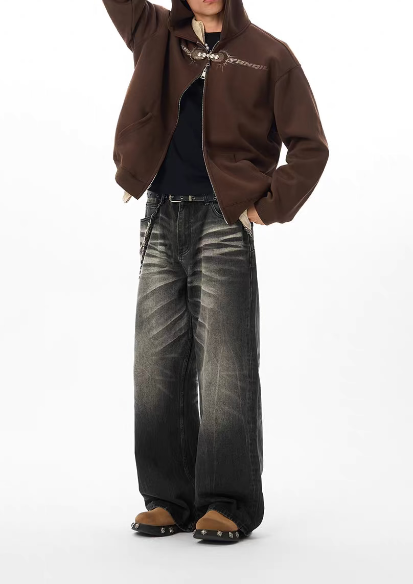 Retro Washed Faded Black Straight-Leg Jeans