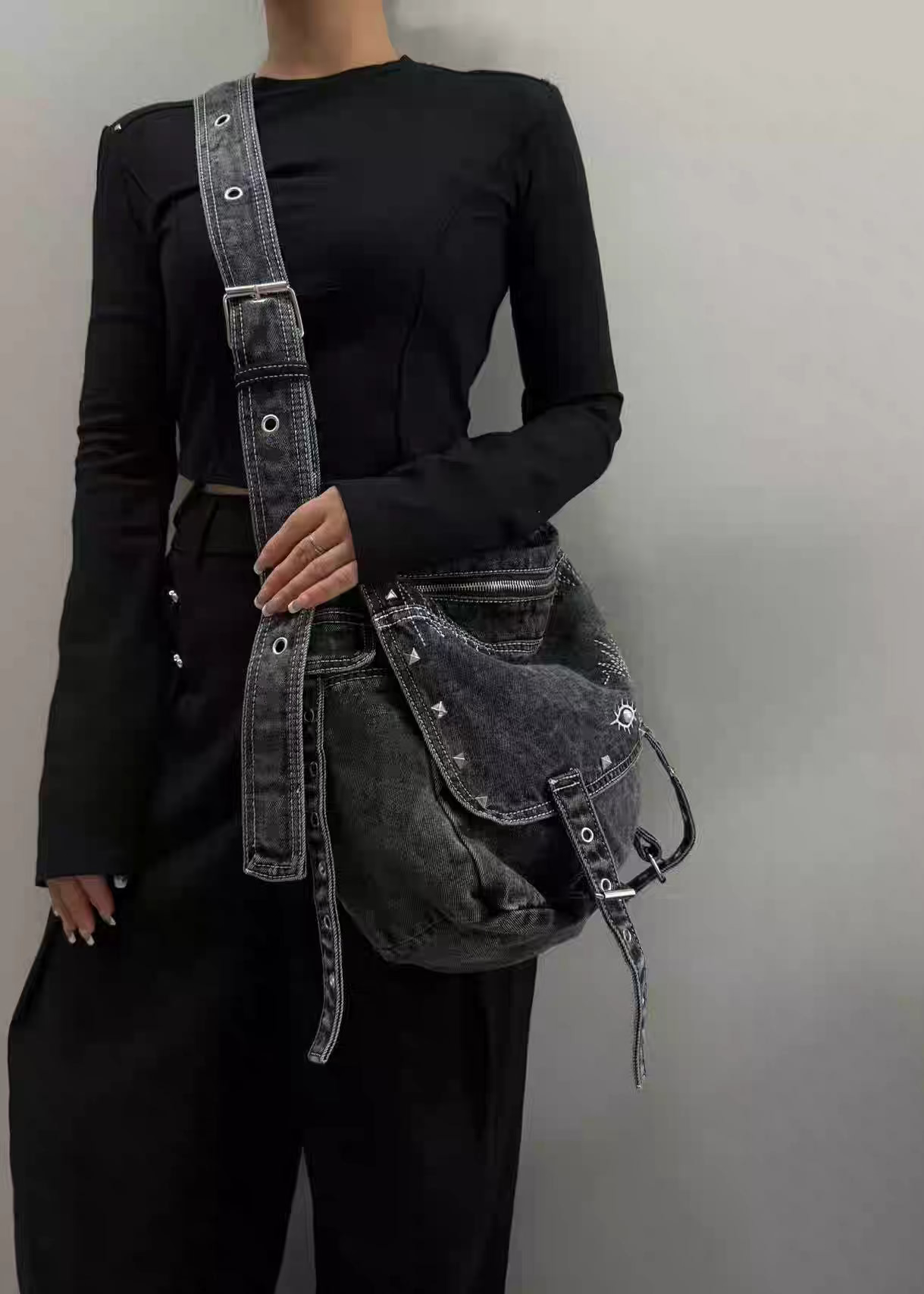 Embroidered Large Denim Hobo Tote Bag