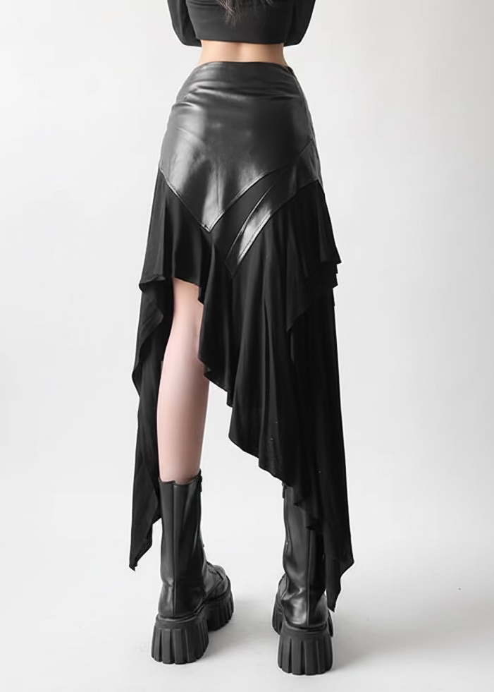 Gothic PU Leather Spliced Asymmetrical Maxi Skirt