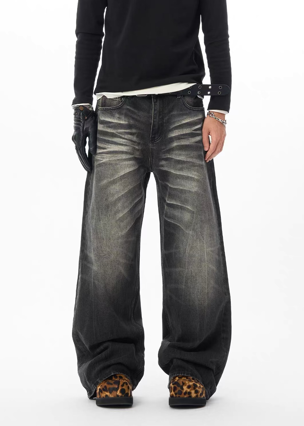 Retro Washed Faded Black Straight-Leg Jeans