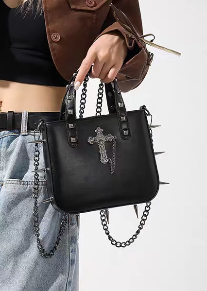 Gothic Skull & Cross Studded Crossbody Handbag