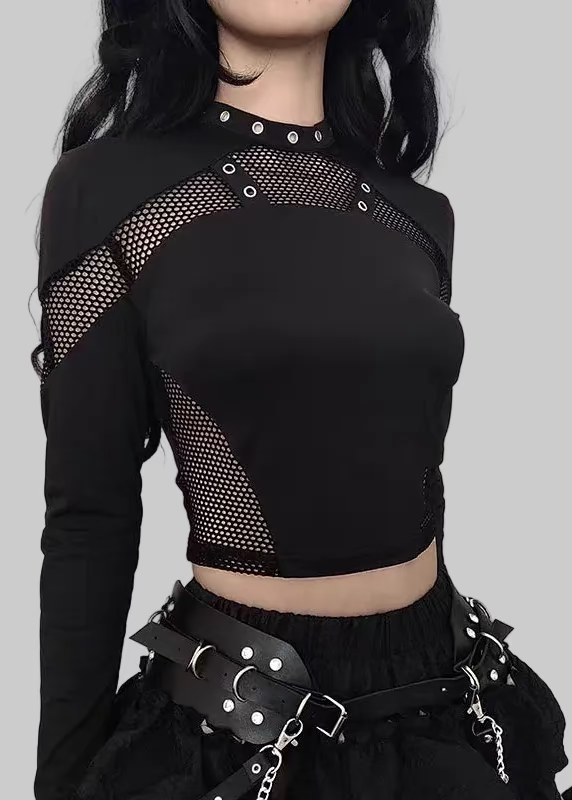 Shadow Web Hollow-Out Mesh Long Sleeve Top