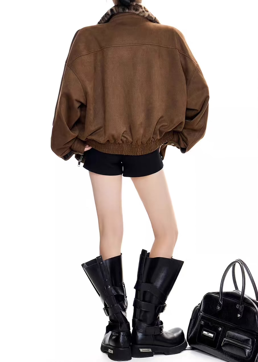 Leopard Patchwork Faux Suede Lapel Jacket