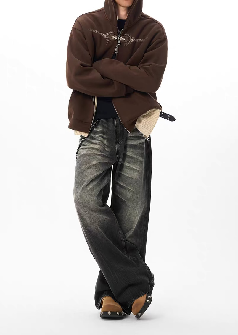 Retro Washed Faded Black Straight-Leg Jeans