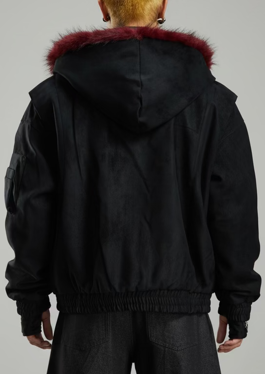 Textured Faux-Leather Puffer Jacket with Fur Collar