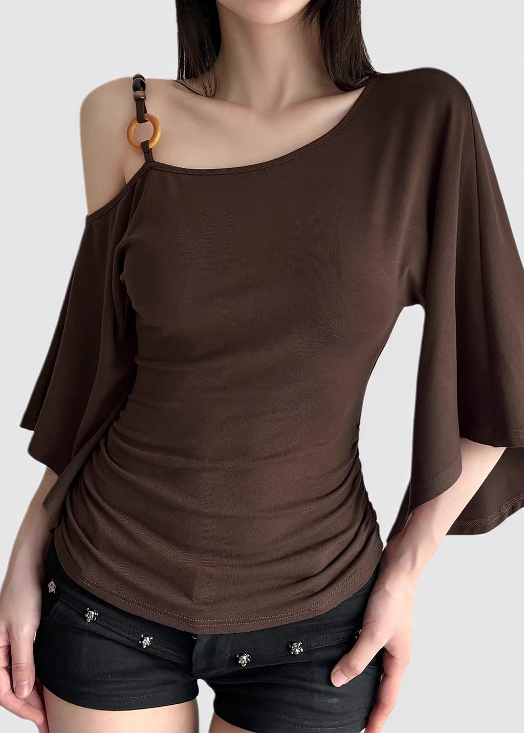Elysian Asymmetrical Ring-Detail Flare Sleeve Top