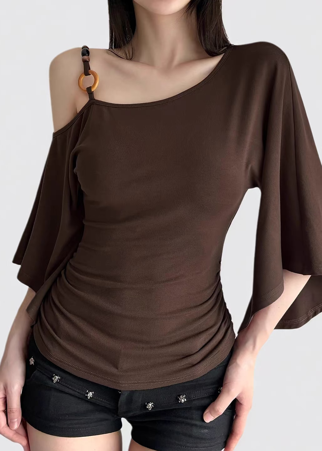 Elysian Asymmetrical Ring-Detail Flare Sleeve Top
