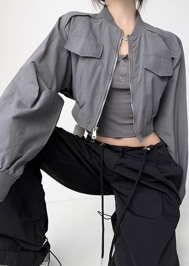 Retro Cropped Two-Way Zip Bomber Jacket