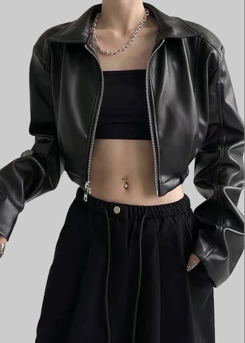 Retro Oversized Cropped Faux Leather Jacket