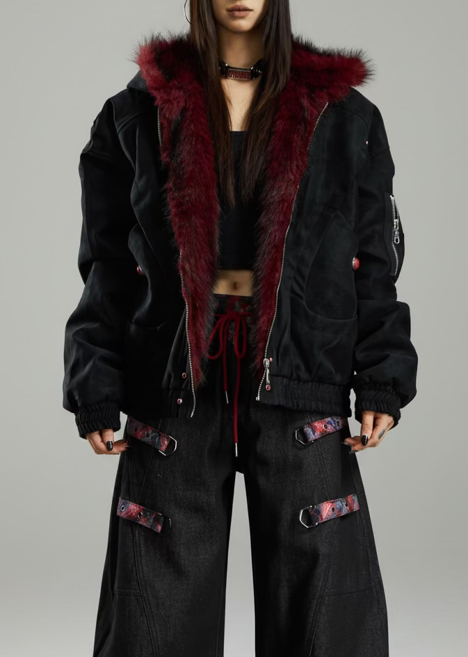 Textured Faux-Leather Puffer Jacket with Fur Collar