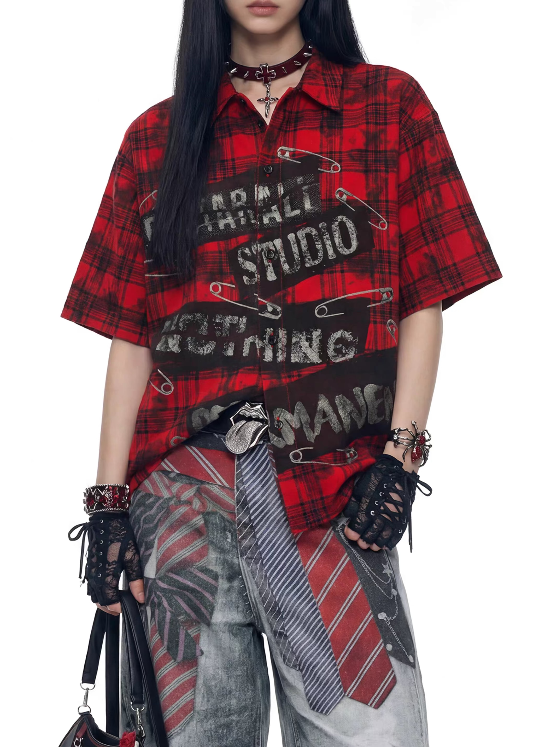 Vintage Red Plaid Safety Pin Short-Sleeve Shirt