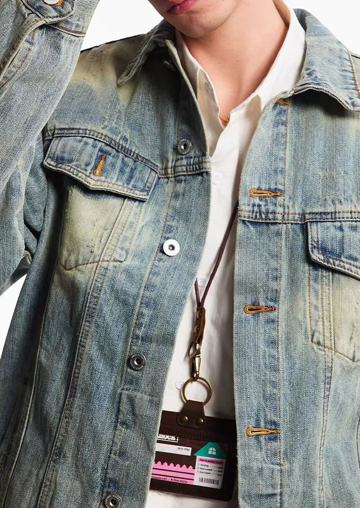 Vintage Distressed Bamboo-Pattern Zip Denim Jacket