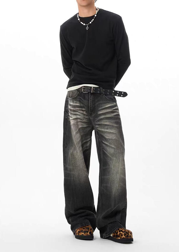 Retro Washed Faded Black Straight-Leg Jeans