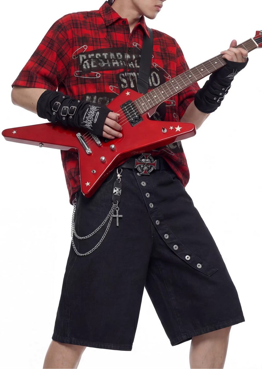 Vintage Red Plaid Safety Pin Short-Sleeve Shirt
