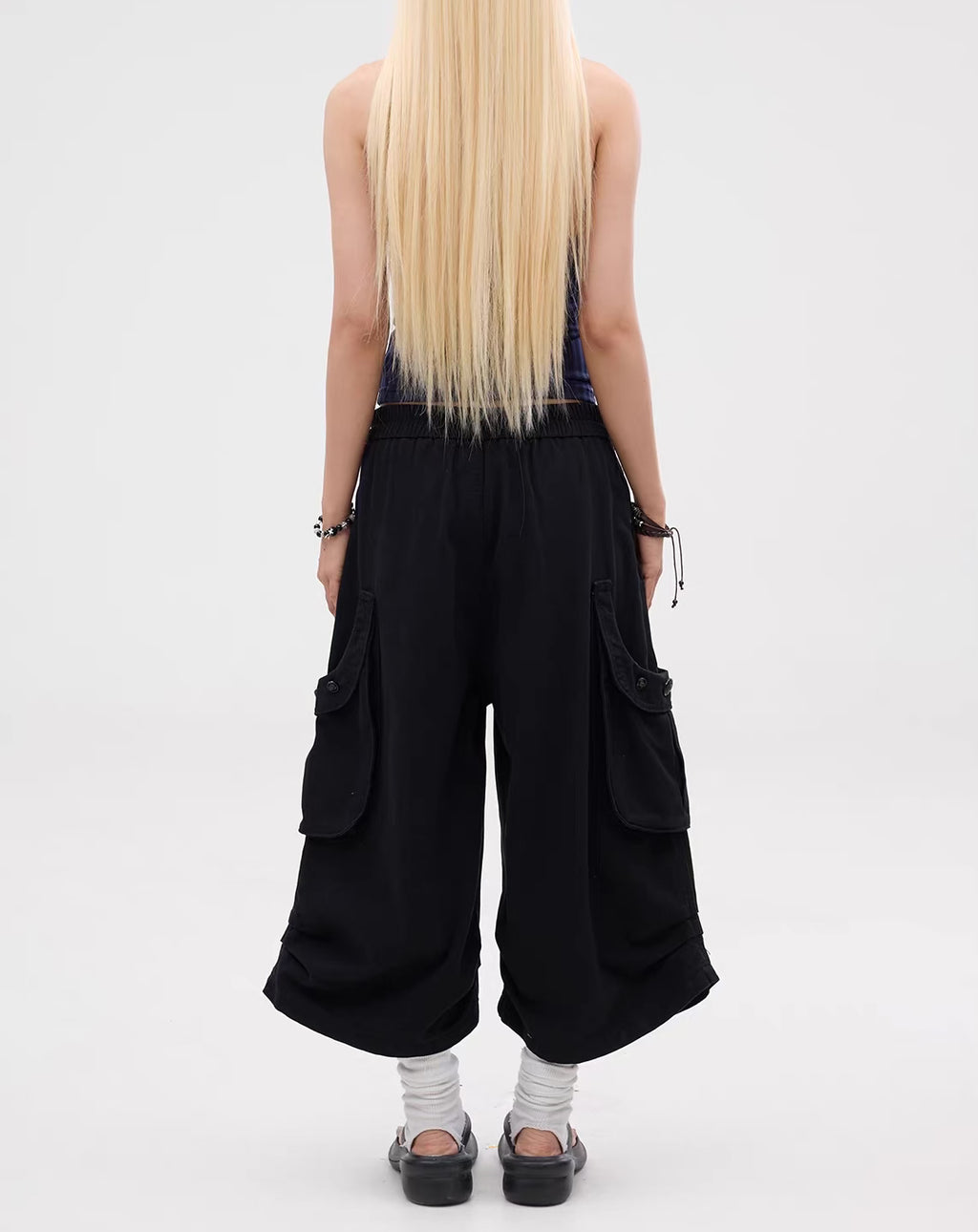 Punk Multi-Pocket Wide-Leg Cargo Capri Pants