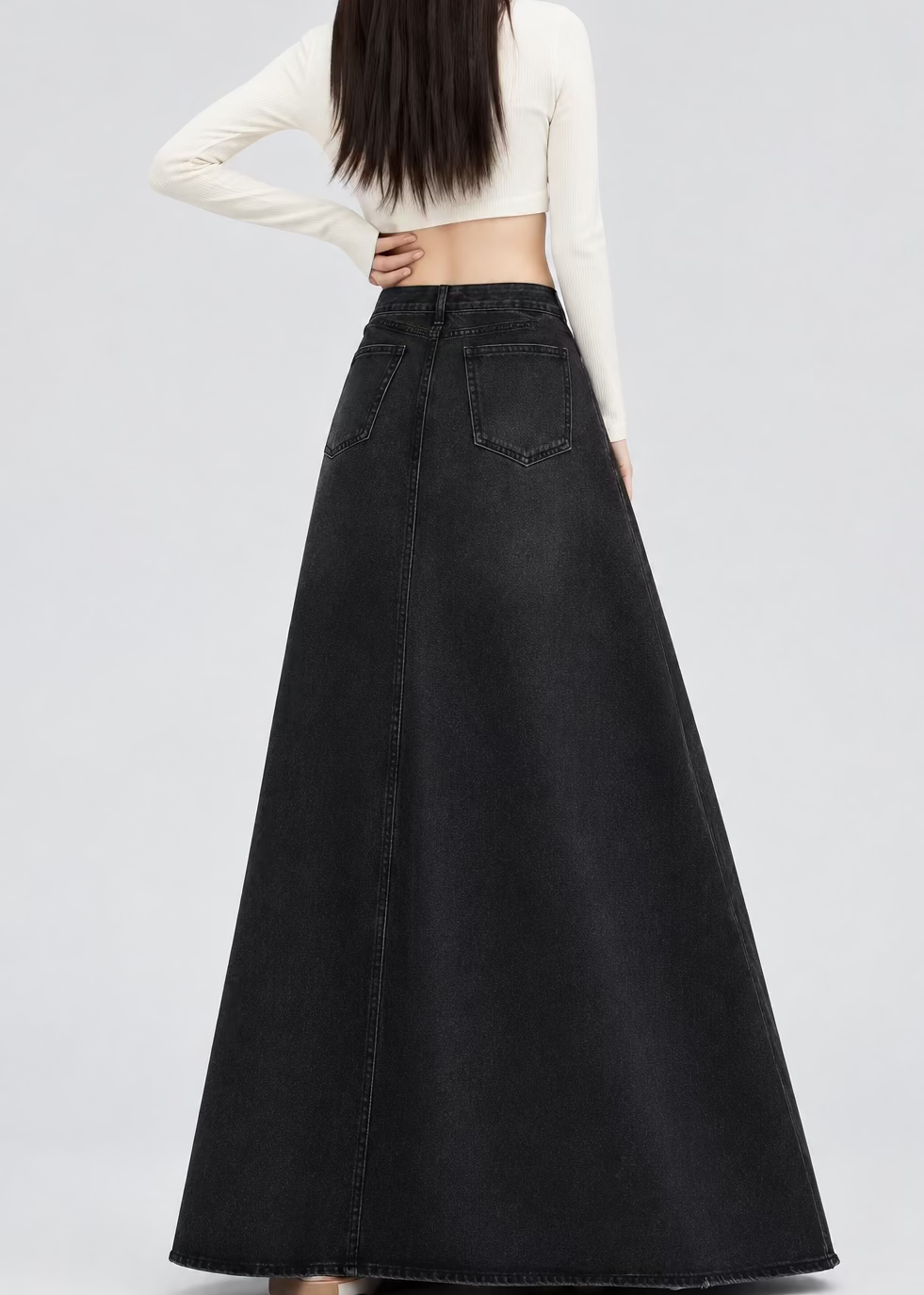 Vintage High-Waist A-Line Washed Denim Midi Skirt