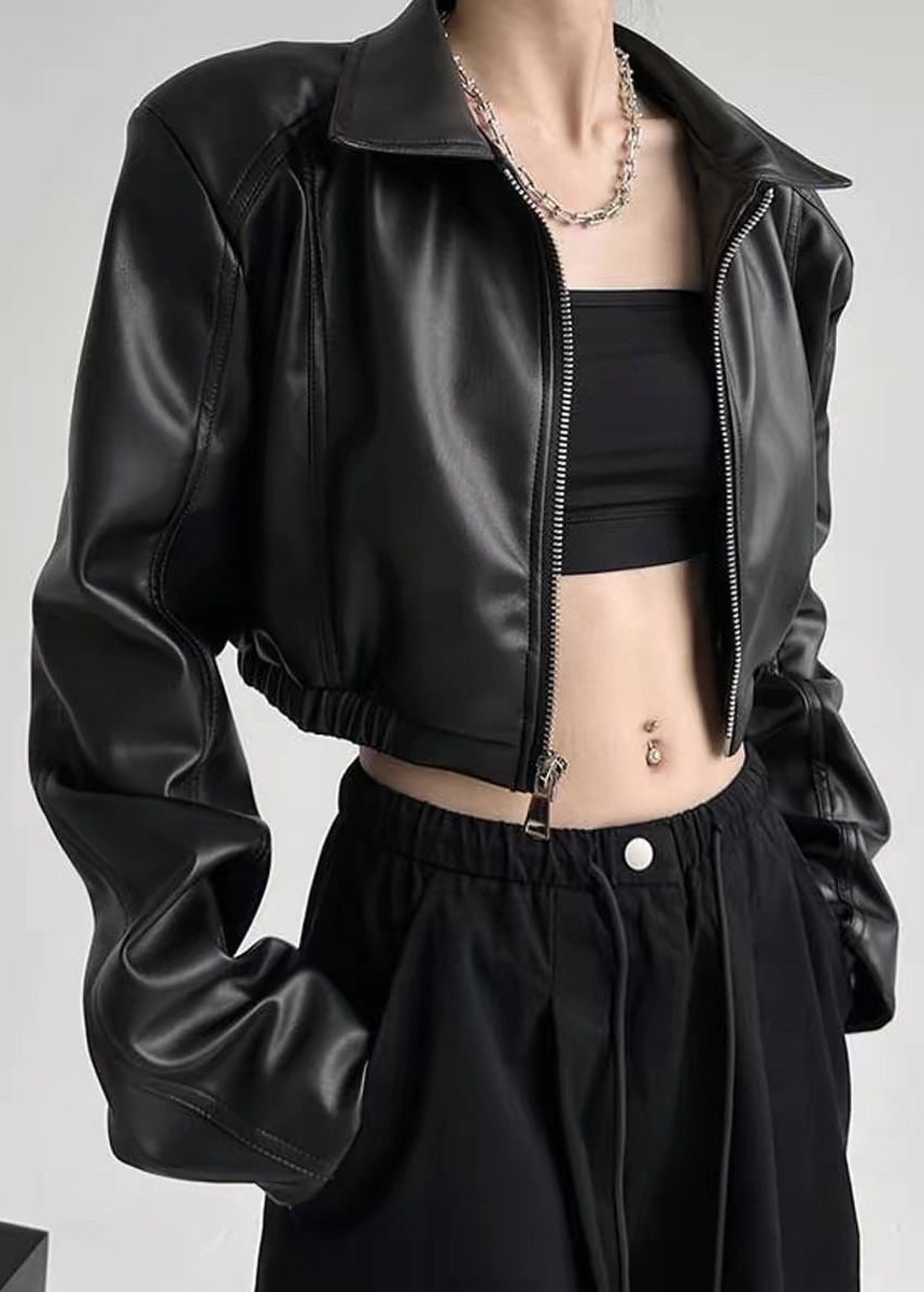 Retro Oversized Cropped Faux Leather Jacket
