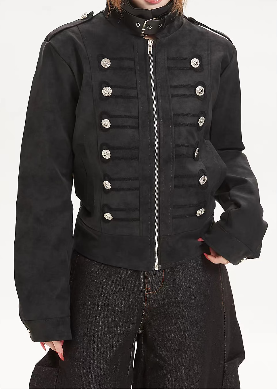 Slim Biker Double-Breasted Faux Suede Jacket
