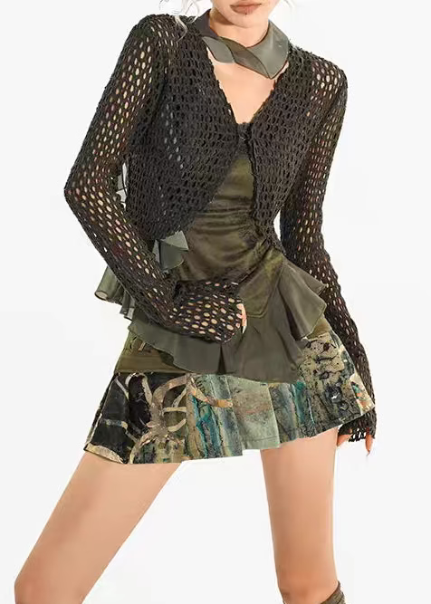 Forest Hex Open-Knit Cropped Cardigan