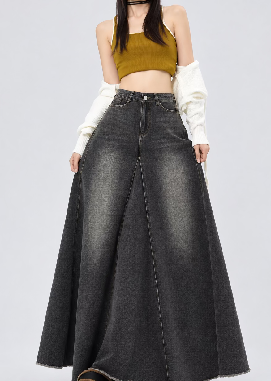 Vintage High-Waist A-Line Washed Denim Midi Skirt
