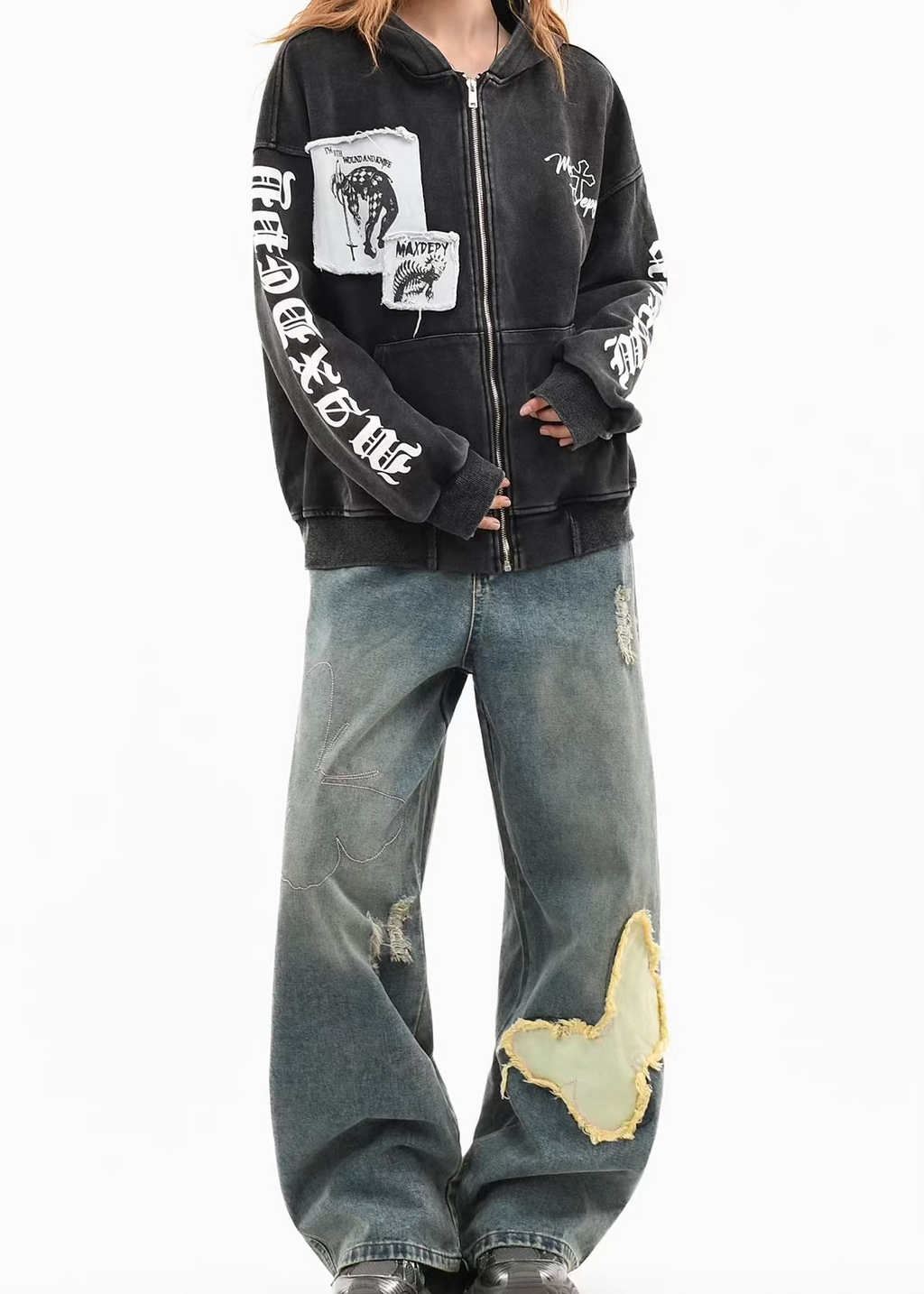 Distressed Letter Patchwork Zip-Up Hoodie