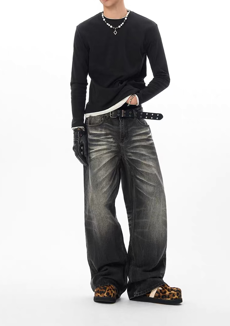 Retro Washed Faded Black Straight-Leg Jeans