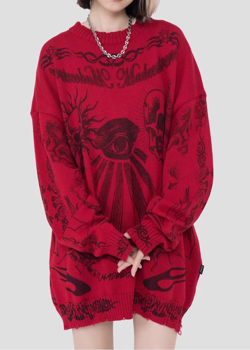 Y2K Skull & Dark Flames Knitted Sweater