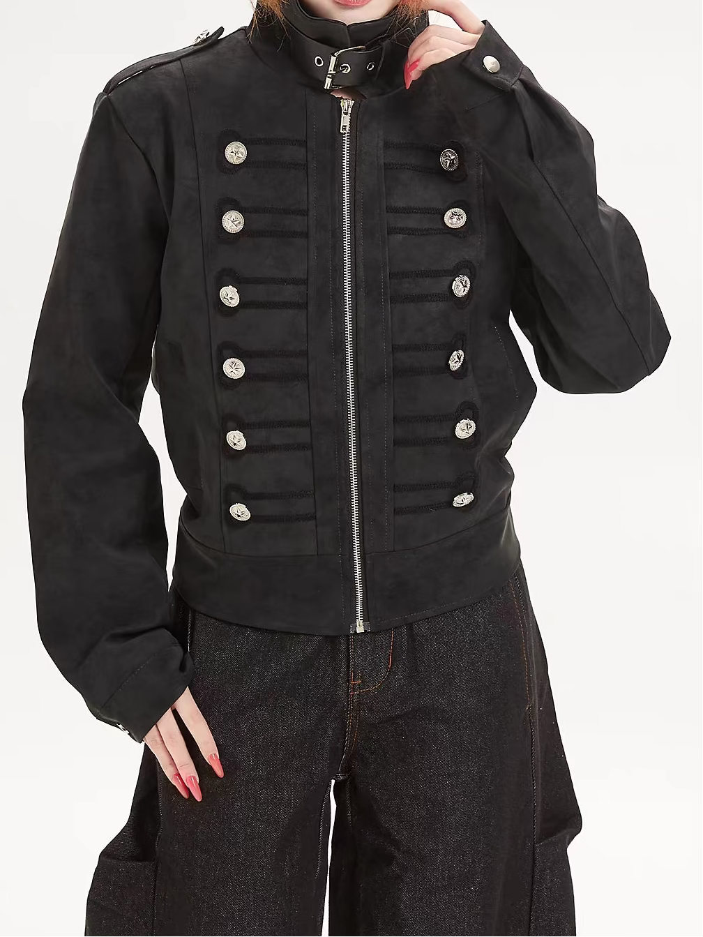 Slim Biker Double-Breasted Faux Suede Jacket