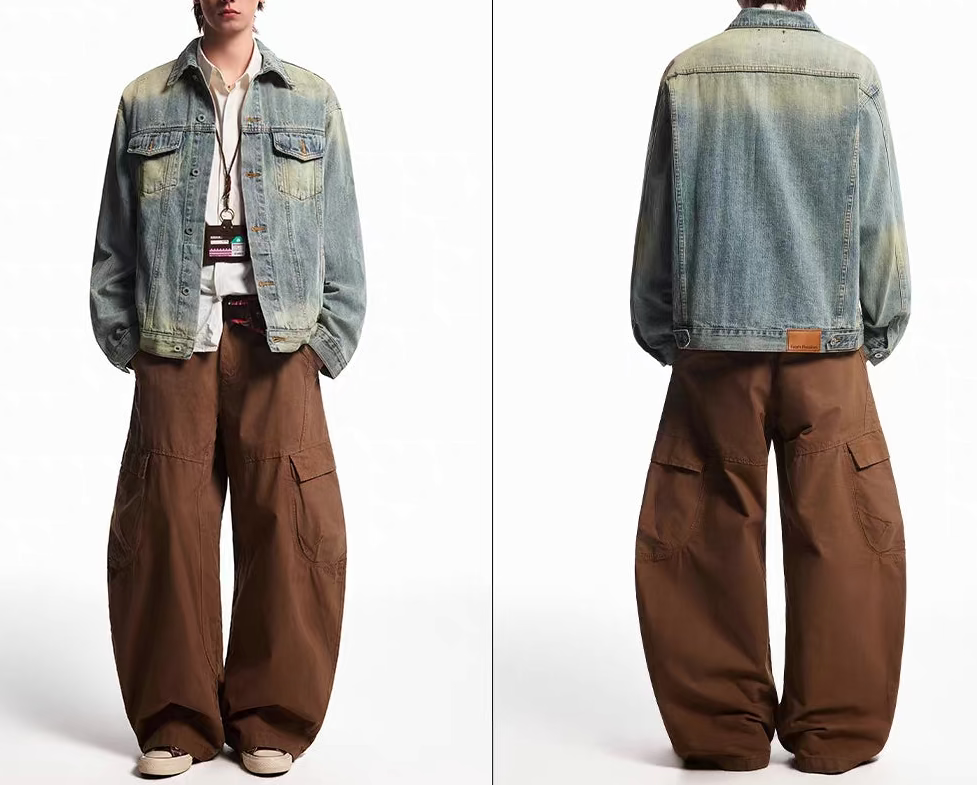 Vintage Distressed Bamboo-Pattern Zip Denim Jacket