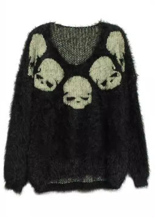 Oversized Fluffy Skull Jacquard Knitted Sweater