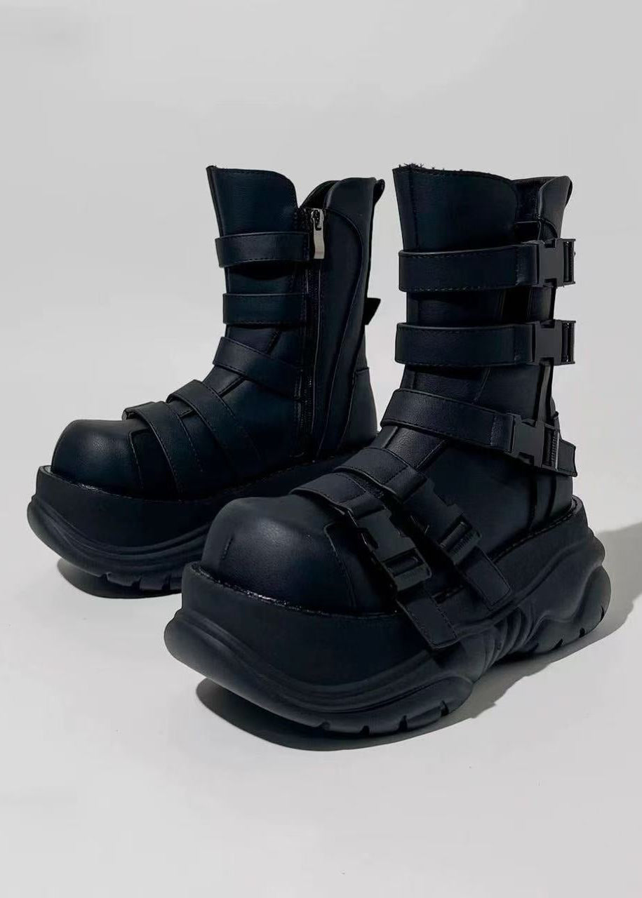 Gothic Buckled Platform Mid-Calf Boots