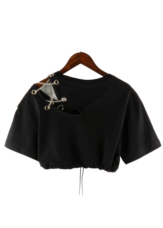 Gothic Chain Cut-Out Drawstring Crop Top