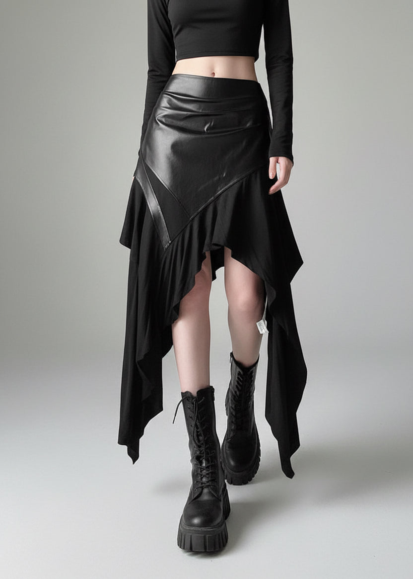 Gothic PU Leather Spliced Asymmetrical Maxi Skirt