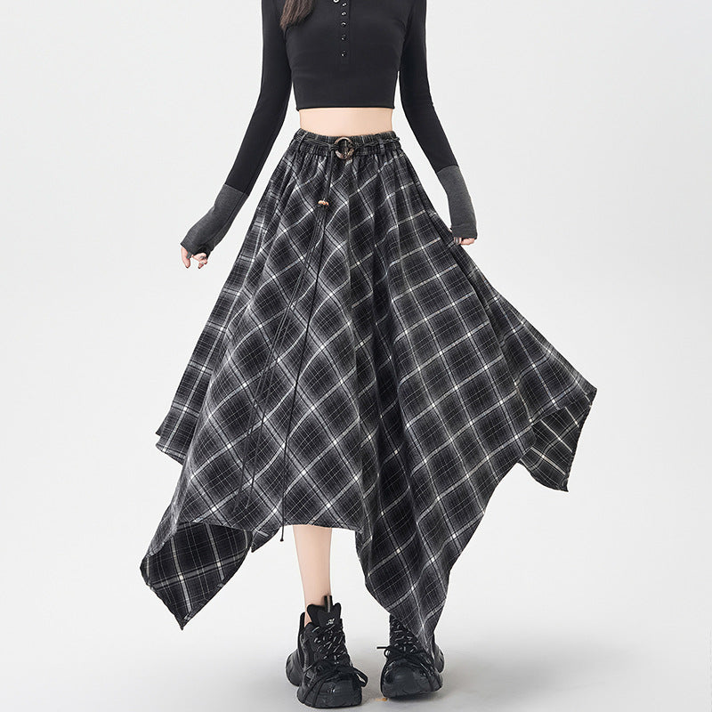 Asymmetric Plaid Grunge Midi Skirt