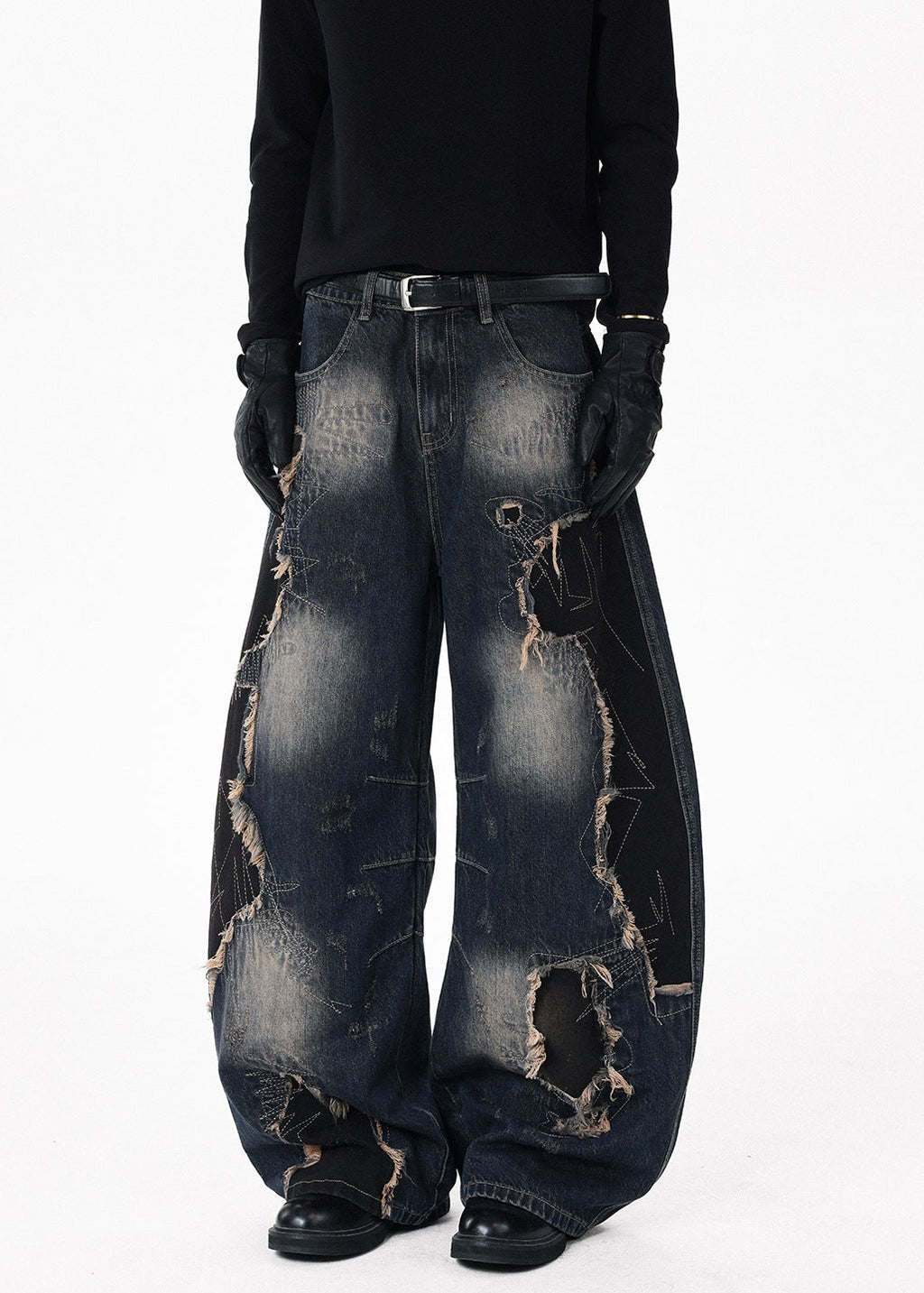 Distressed Raw-Edge Patchwork Curved Wide-Leg Jeans