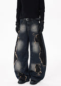 Distressed Raw-Edge Patchwork Curved Wide-Leg Jeans