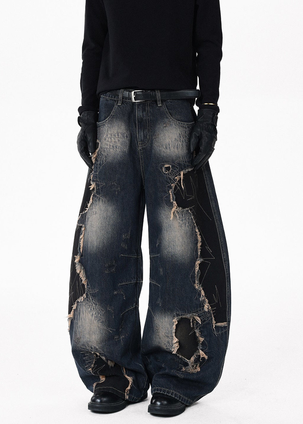 Distressed Raw-Edge Patchwork Curved Wide-Leg Jeans