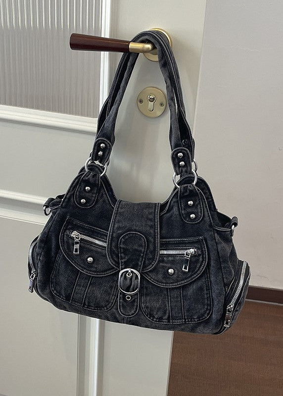 Vintage Denim Multi-Pocket Crossbody Bag
