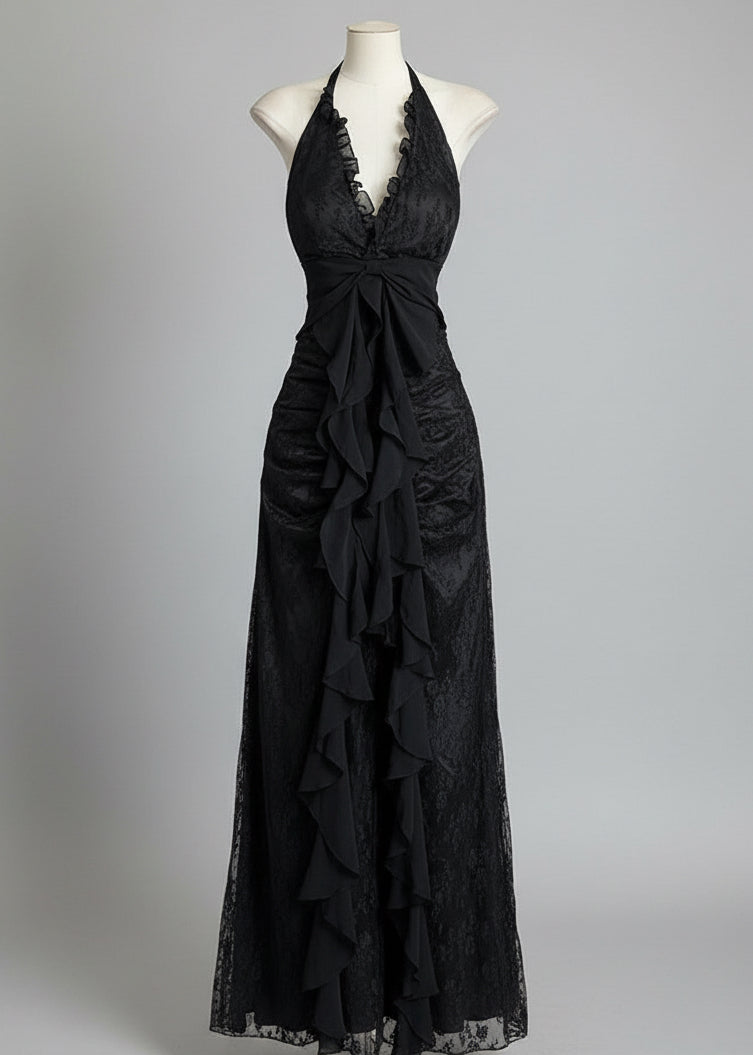 Vintage Halter Lace-Trim Black Maxi Dress