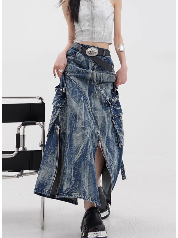 Cyber-Cargo Distressed Denim Maxi Skirt