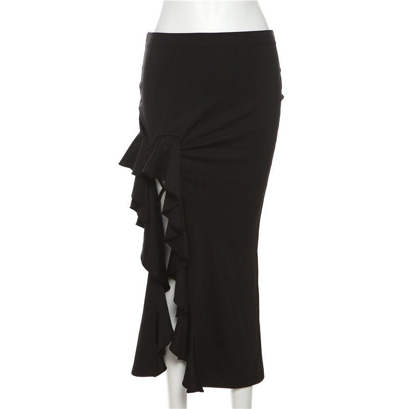 Neo-Oriental Asymmetric Ruffled Midi Skirt