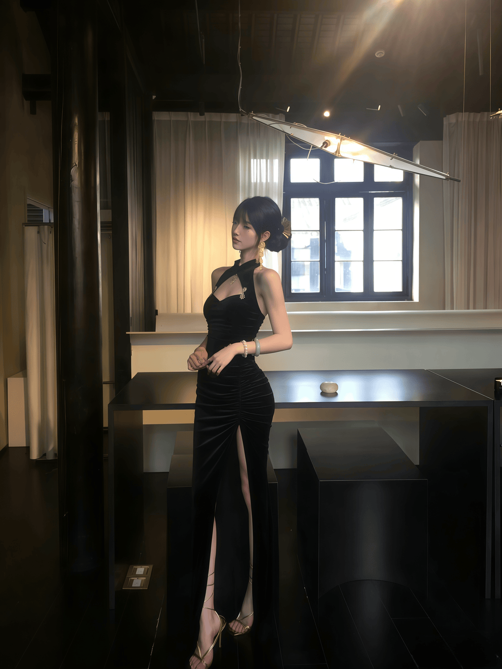 Noir Siren Qipao Maxi Dress & Lace Shrug Set