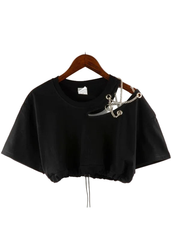 Gothic Chain Cut-Out Drawstring Crop Top