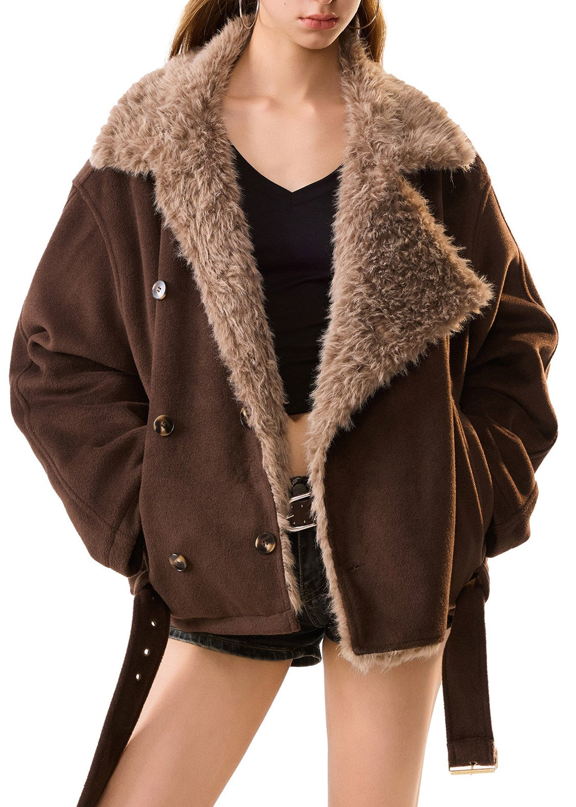 Vintage Shearling Double-Breasted Short Coat