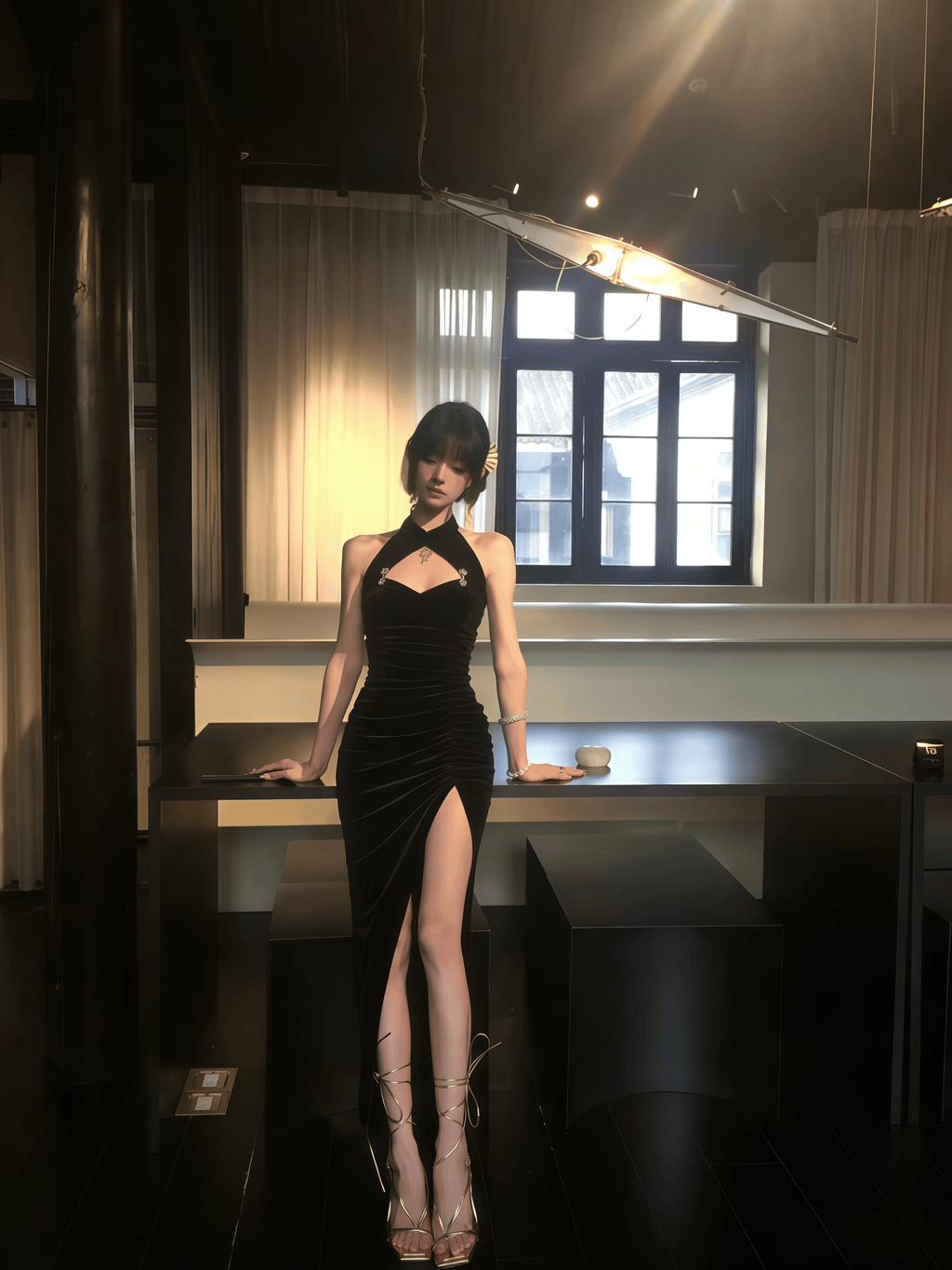 Noir Siren Qipao Maxi Dress & Lace Shrug Set