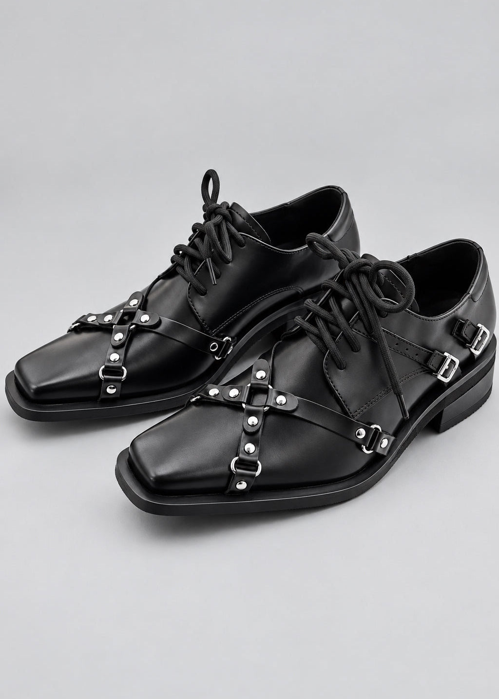 Goth Square-Toe Studded Leather Derby Shoes