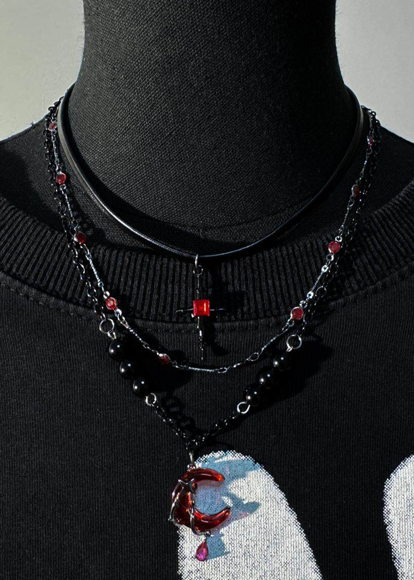 Layered Scarlet Moon & Cross Gothic Necklace