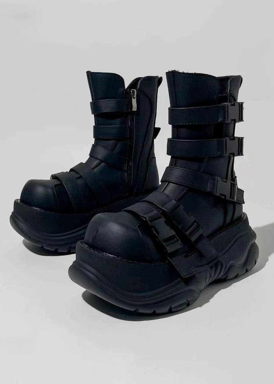 Gothic Buckled Platform Mid-Calf Boots