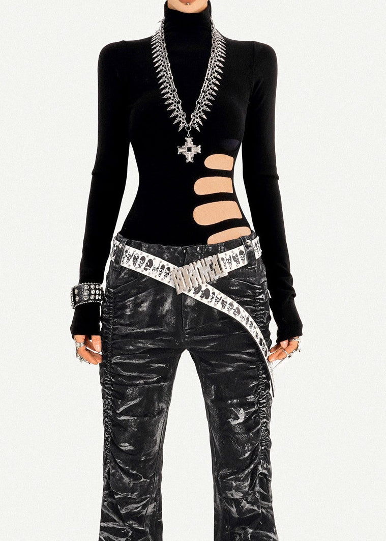 Eclipse Shredded Cut-Out Turtle Neck Top